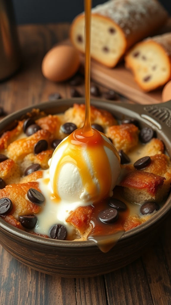 A warm bowl of gooey bread pudding topped with melting vanilla ice cream and caramel sauce.